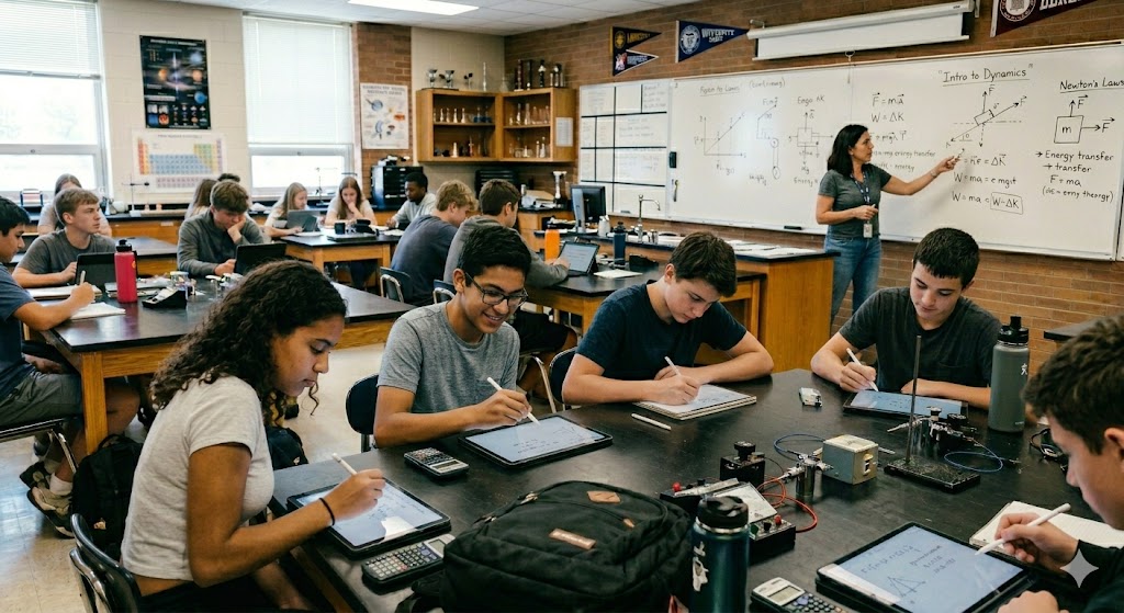 Students working on tablets in a physics classroom